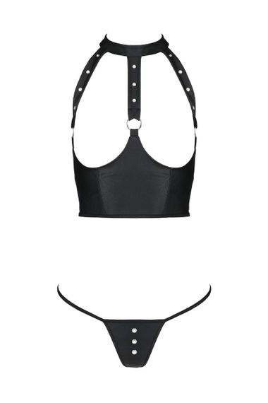 Комплект білизни з відкритими грудьми Passion GENEVIA SET WITH OPEN BRA S/M black, корсет, стрінги | Зображення 2
