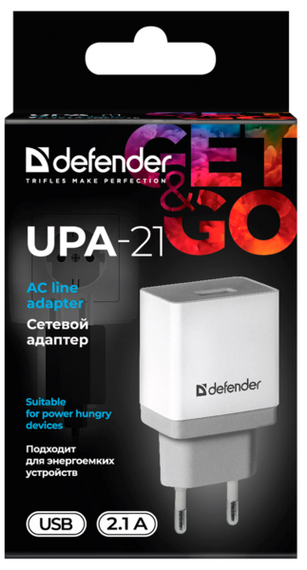 Мережевий зарядний пристрій Defender UPA-21 White, 1xUSB, 5V/2.1A (83571) | Зображення 2