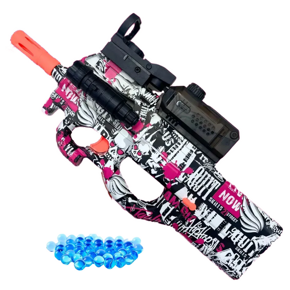 Детский Игрушечный Гель Бластер на Орбизах Пистолет Пулемёт P90 Электрический Автомат с Глушителем Коллиматором и Пламегасителем