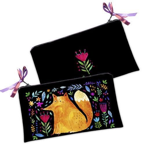 Косметичка жіноча Лиса и цветы на черном фоне 20х12 см (K_UNI021)