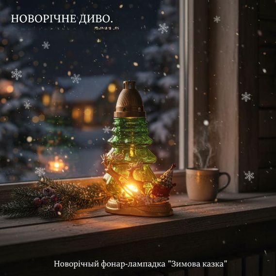Новорічний свічник-ліхтар «Казковий поїзд Санти», 28х16 см (Зелене скло, LED-підсвітка) | Зображення 2