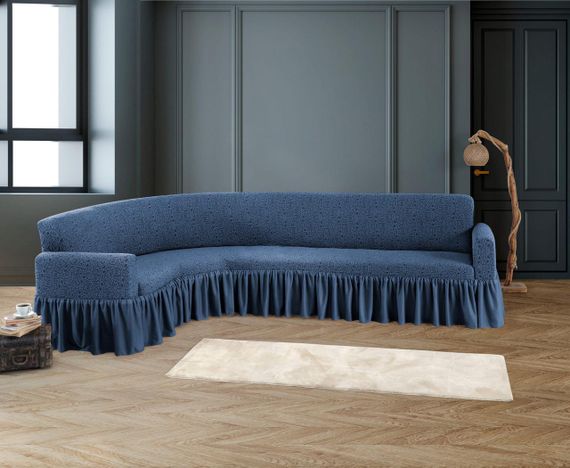 Жаккардовый чехол на угловой диван Stone с юбкой индиго