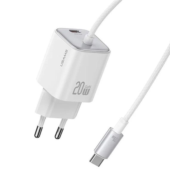 СЗУ Usams US-CC261 GaN JC Ser. 20W (2USB-C) + кабель Type-C to Type-C White