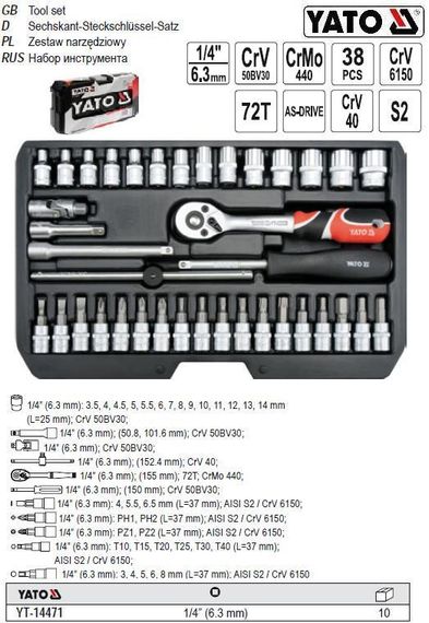 Набор головок торцевых YATO Польша 1/4'' М=3.5-14 38 штук YT-14471