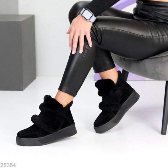 Молодежные спортивные зимние черные ботинки натуральная замша с опушкой