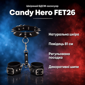БДСМ-нашийник, шкіряний чокер із шипами та повідцем Candy Hero FET26 — One Size, натуральна шкіра, для бондажу