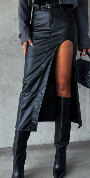 Женская утепленная юбка миди с высоким вырезом эко кожа на флисе LI2001 цвет черный, размер 42/44 | Зображення 1