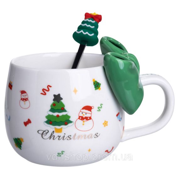Новогодняя фарфоровая чашка с ложкой Merry Christmas 400 (мл) Зеленый Yiwu FM-CS-19B | Зображення 4