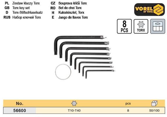 Набір ключ шестигранник TORX Т10-Т40 8 штук VOREL-56600
