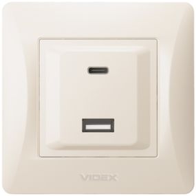 Розетка VIDEX BINERA USB-A + USB-C PD20W, швидка зарядка, 2 порти, кремова (VF-BNCHRUC20-CR)