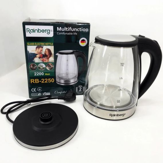 Електричний скляний чайник Rainberg RB-2250 з LED-підсвіткою 2200 Вт 1.8 л, гарний електро чайник | Зображення 3