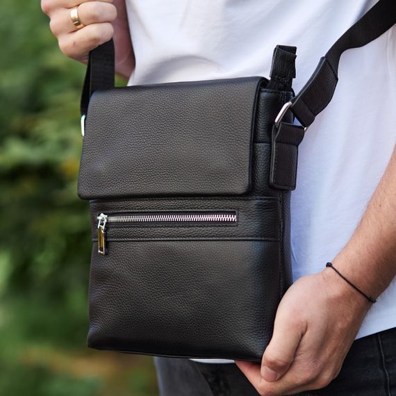Чоловічий класичний месенджер через плече шкіряний чорний Tiding Bag 80471