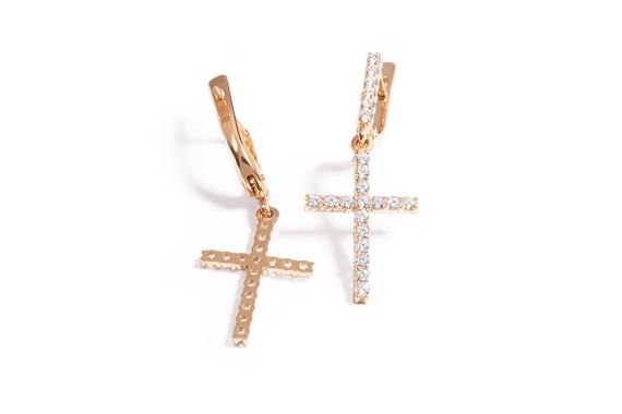 Серьги из красного золота с фианитами в виде креста S-0274