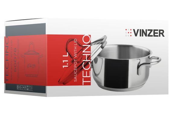 Каструля Vinzer Techno 50078, 1.1 л, 14 см, з нержавіючої сталі з кришкою, для всіх типів плит | Зображення 2
