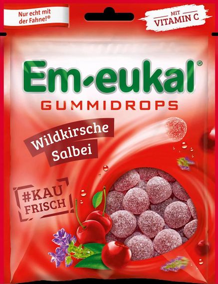 Em-eukal Gummidrops Wildkirsche & Salbei – Жувальні цукерки з вітаміном С, вишнею та шавлією, 90 г., Німеччина