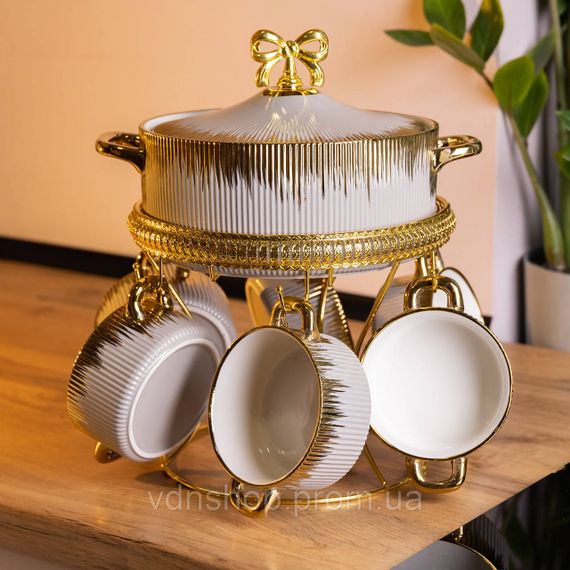 Суповой сервиз на 6 персон супница 2 (л) на подставке с бульонницами 400 (мл) тарелки для супа Серый с золотом FM-A23-6