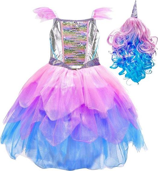 Костюм Єдинорога, карнавальна сукня для дівчаток з кольоровою перукою і фатином для свят, вечірок, вистав, гелловіна | Зображення 1