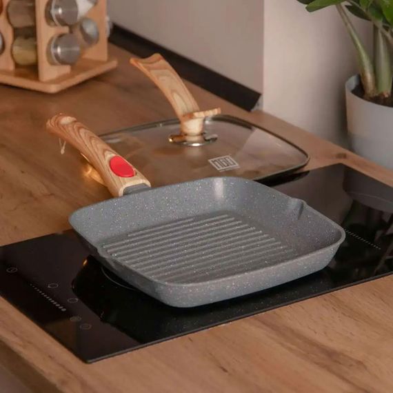 Алюмінієва сковорода-гриль 24 см зі скляною кришкою Квадрат сірий MGC HP-4-461G | Зображення 2