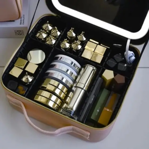 Косметичка рожева дорожня з дзеркалом і LED-підсвіткою, б'юті-кейс для косметики на блискавці | Зображення 7