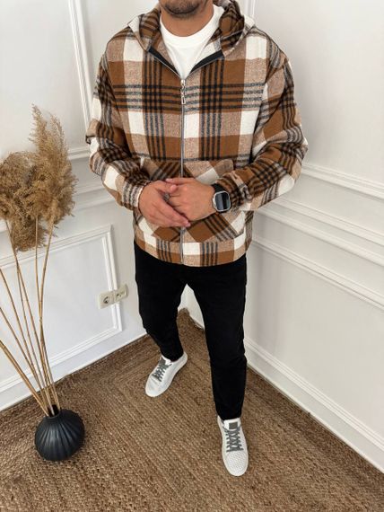 Тепла чоловіча байкова сорочка в клітку на блискавці з капюшоном розмір 44/46 колір коричневий adl1004 | Зображення 1