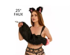 Анальный меховой пушистый хвост без пробки, Черный с ярко-розовым кончиком, OKOVA 60 см. sexstyle