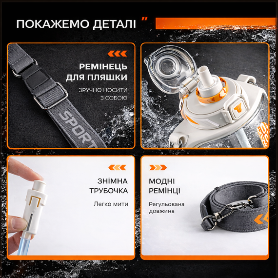 Спортивная бутылка для воды TKK Sport 2100 мл из Тритана (BPA Free), белая квадратная бутылка с трубочкой и ремешком | Зображення 5