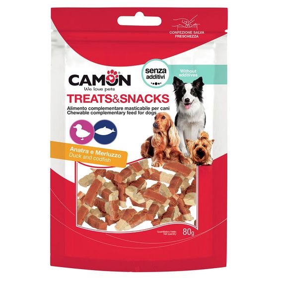 Лакомство для собак мясное Camon кусочки утки и трески, 80 гр,3,5x0,5 см