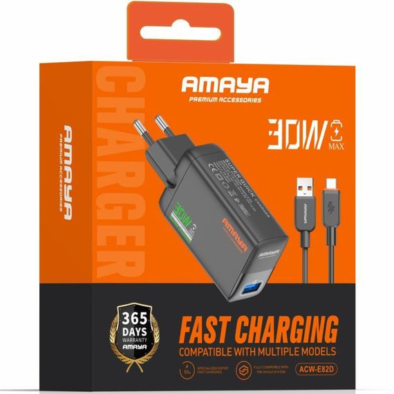 МЗП Amaya E82D QC3.0 30W (1USB-A) + кабель USB to Type-C Black | Зображення 1