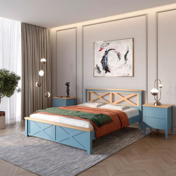 Двоспальне дерев&#039;яне ліжко Mebigrand Прованс Н Сіро-синій (S7010R90B)/Горіх світлий 140х190 см (MBG-3138)