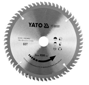 Диск пиляльний победитовий по дереву YATO Польша: 160x20x2.2x1.5 мм, 60 зубцив, R.P.M до 9500 1/хв YT-60581