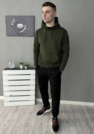 Комплект 3 в 1 Демісезонний спортивний костюм Nike худі хакі + чорні штани (двонитка) + Футболка чорна Nike | Зображення 1