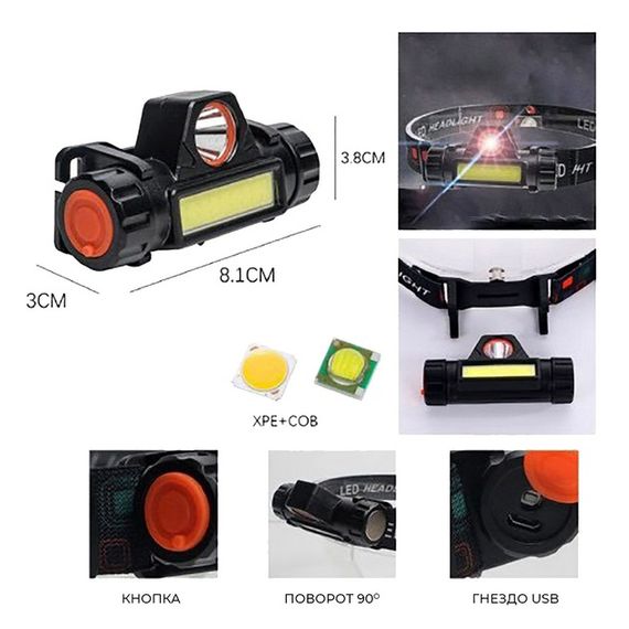 Фонарик на голову для работы 872-XPE+COB, Портативный налобный фонарик на голову с зарядкой TB-20 | Зображення 1