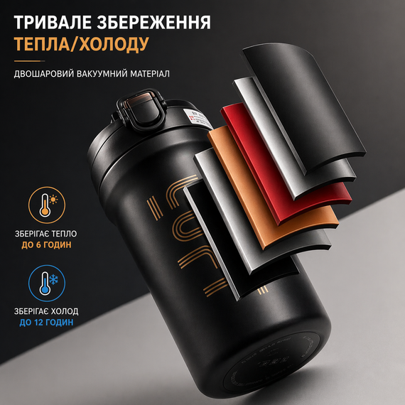 Термокухоль 600 мл з нержавіючої сталі 316 чорний – вакуумний термос з кнопкою, герметичний, для кави та чаю | Зображення 5