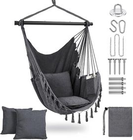 Підвісне крісло гойдалка з 2 подушками, чохлом, до 150 кг для приміщення, вулиці, кімнати, тераси, саду, сіра полі-бавовна