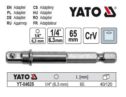 Держатель адаптер торцевых головок HEX 1/4"- 1/4" х65 мм YATO YT-04625 | Зображення 1