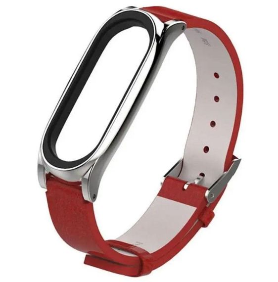 Шкіряний ремінець Primo Mijobs для фітнес-браслета Xiaomi Mi Smart Band 7 - Red&Silver | Зображення 1