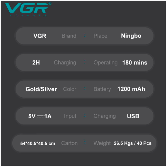 Електробритва VGR V-350 SILVER шейвер, подвійне лезо, 2 насадки, LED Display (45695-V-350 SILVER_600) | Зображення 3