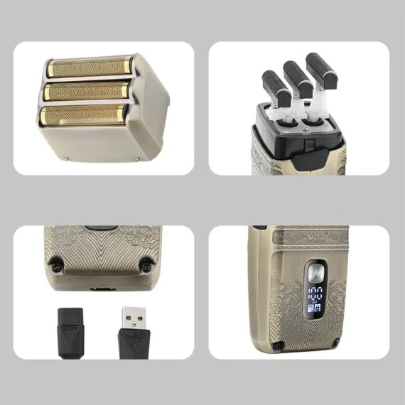 Електробритва шейвер VGR V-335 від USB, з LED-дисплеєм, Золотистий/Професійна бритва з трьома ножовими блоками | Зображення 5