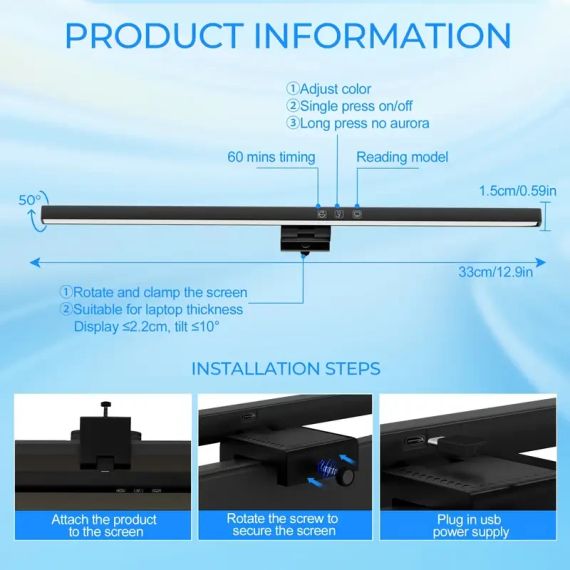 Світлодіодне підсвічування для комп’ютерного монітора — сенсорне керування, живлення від USB, 3 режими яскравості | Зображення 3