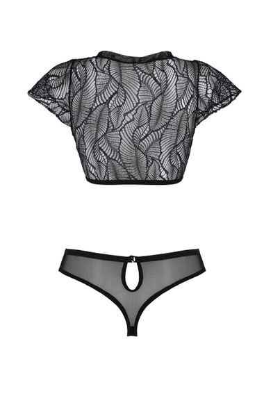Комплект Passion LEAFA BIKINI black S/M, бюстгальтер-топ з рукавчиками, стрінги-шортики з вирізом sexstyle | Зображення 2