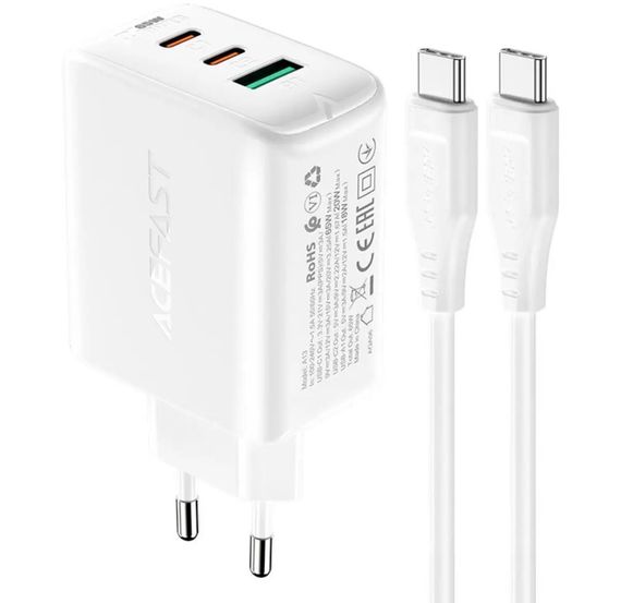 Сетевое зарядное устройство Acefast A13 Fast Charger PD 65W 2×Type-C / 1×USB с кабелем Type-C to Type-C - White | Зображення 1