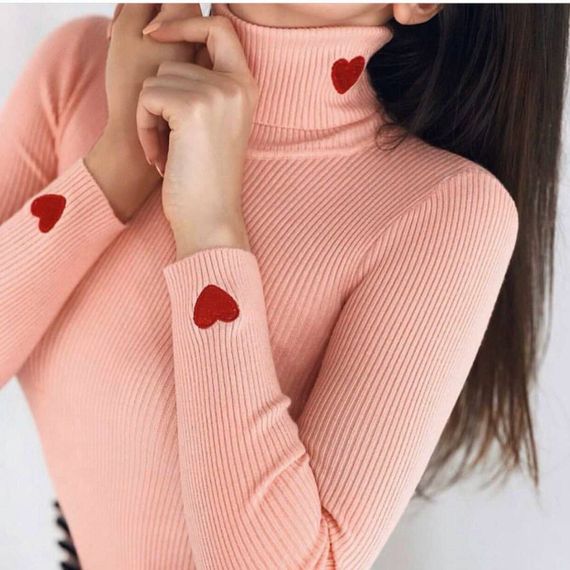 Женская водолазка-гольф в рубчик с сердечками KV920, размер 42/48, цвет розовый