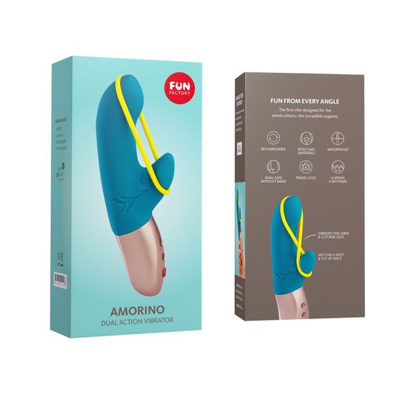 Мінівібратор-кролик зі стимулювальною стрічкою Fun Factory AMORINO petrol/neon yellow, стрічка знімна | Зображення 5