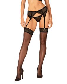 Панчохи Obsessive Chemeris з ажурним мереживом, чорні, XS/S