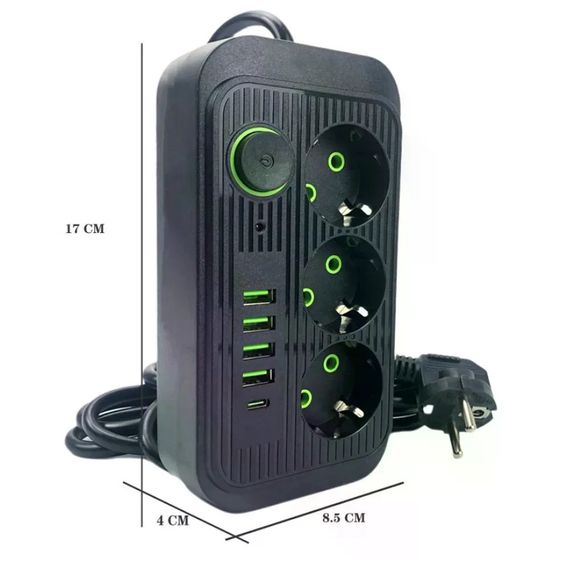 Сетевой фильтр Power Socket F09U 2500 Вт 2 м черный • Удлинитель Power Socket F09U на 3 розетки с 4 USB, PD Type-C и выключателем | Зображення 3