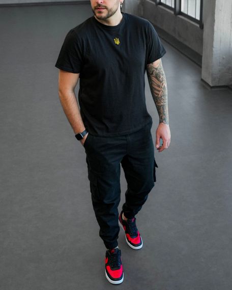 Мужская хлопковая футболка с вышивкой Тризуб Украина BD0036 размер XL, цвет черный