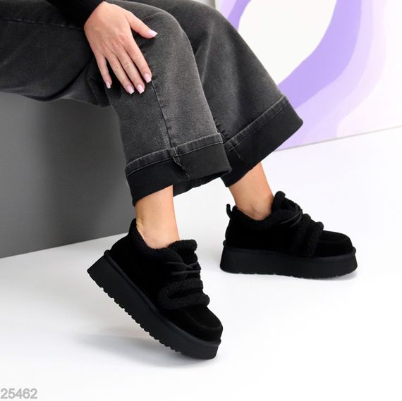 Трендовые теплые замшевые черные кроссовки-угги на липучке | Зображення 6