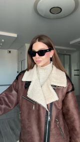 Дубленка OVERSIZE из эко-кожи женская с белым мехом, цвет коричневый S-M
