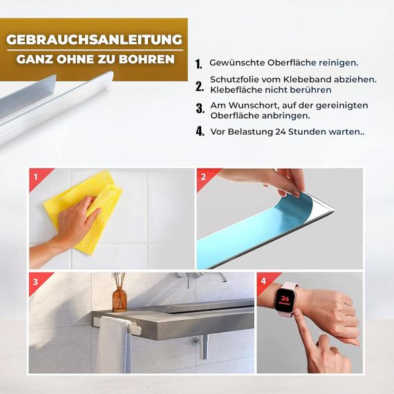 Тримач для рушників самоклеючий настінний 36 см до 10 кг, сріблястий для ванної та кухні нержавіюча сталь з клейкими смужками | Зображення 4