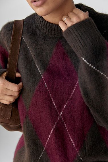 Тепла в'язана кофта з ромбами - коричневий цвет, ONE SIZE (є розміри) | Зображення 3